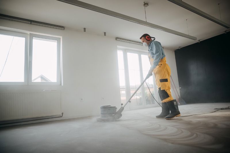 Worker in protective gear operating a concrete grinder in an empty room, dust visible
